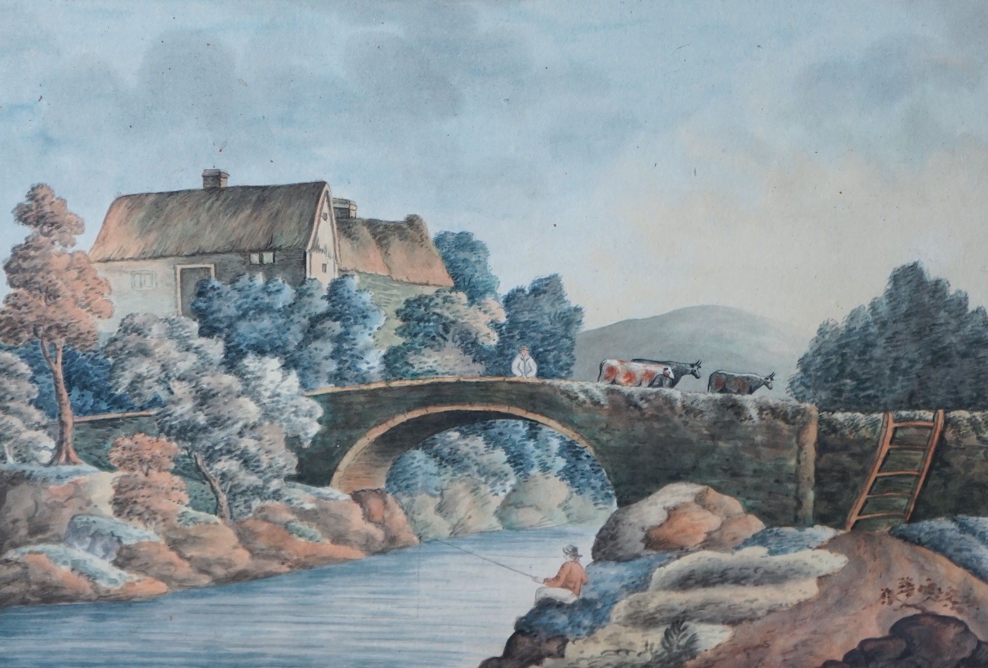 19th century English School , Landscape with cattle drover on a bridge and angler, watercolour, 22 x 31cm